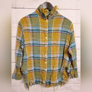 La Miel Button Up Shirt Womens Small Frayed, Distressed Raw Edge Seams Multicolo